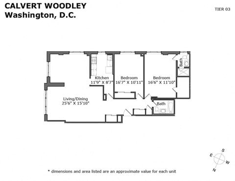 Floor plan for 2 beds, 2 baths, 1300 sqft